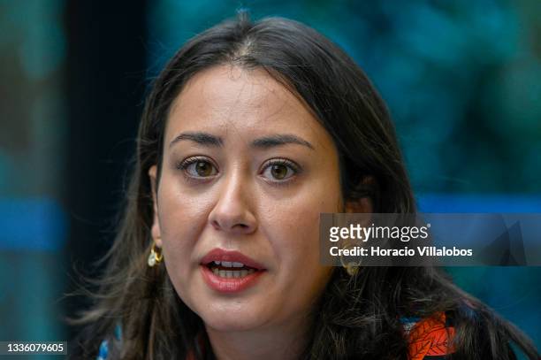 Ryanair PR Manager Spain and Portugal Susana Limpo delivers remarks during a press conference with Ryanair Group CEO Michael O'Leary in Lux Lisboa...