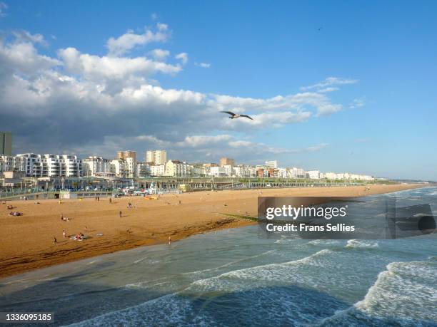 skyline of brighton and brighton beach, taken from the brighton palace pier - brighton beach foto e immagini stock