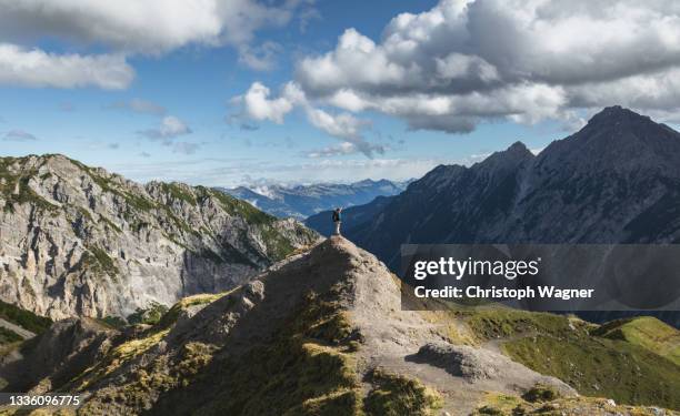 woman hiking in the alps, enjoying the panorama - alpes do allgäu imagens e fotografias de stock