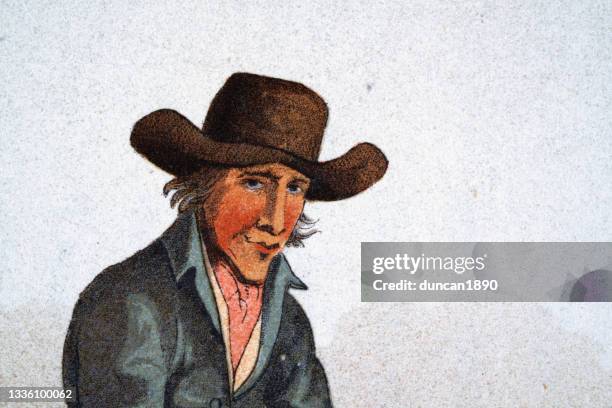 stockillustraties, clipart, cartoons en iconen met man wearing a wide brimmed hat, costume of yorkshire, early 19th century english art - hoed met rand