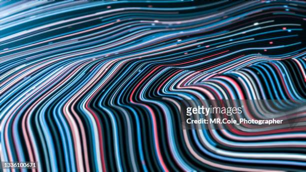 3d rendering futuristic curve abstract background, multi colored motion striped line texture for business science and technology advertising. - wireframe stock-fotos und bilder