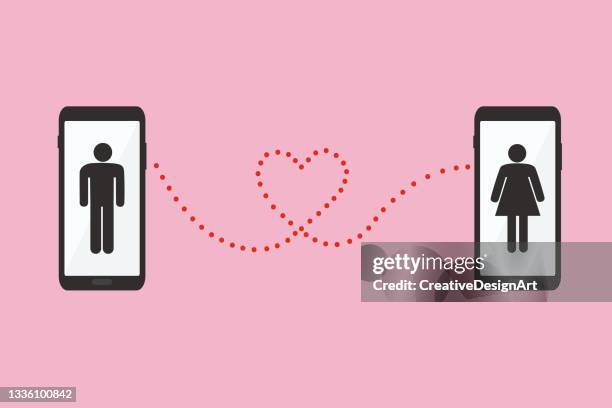 online dating concept with smart phones and heart shaped path on pink background. - long distance relationship stock illustrations