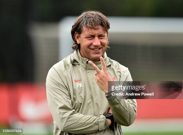 Peter Krawietz assistant manager of Liverpool during a training session at AXA Training Centre on August 24, 2021 in Kirkby, England.