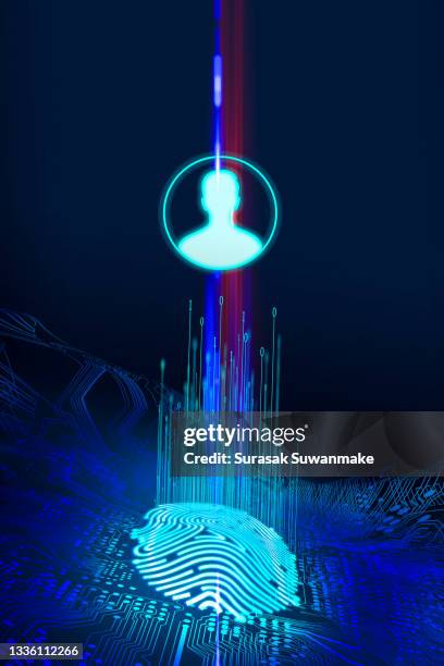 3d technology illustration a fingerprint scanner is integrated into the printed circuit. release binary code - phone credit card stock-fotos und bilder