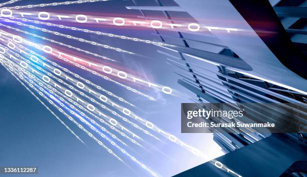 digitization of the city concept of the future, binary number - bar code stockfoto's en -beelden