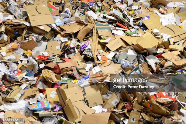 Cardboard is recycled at the Lampton 360 Recycling Centre on August 18,2021 in London, United Kingdom. Lampton 360 Recycling Centre Recycle 360 was...