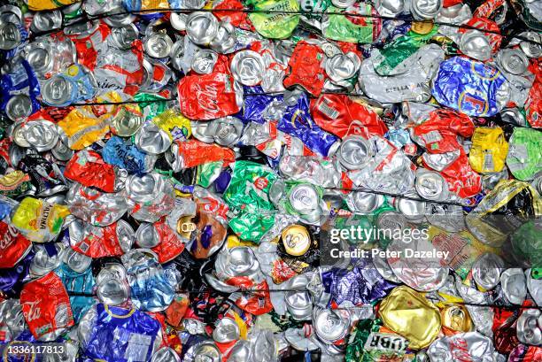 Bale of drink cans is recycled at the Lampton 360 Recycling Centre on August 18,2021 in London, United Kingdom. Lampton 360 Recycling Centre Recycle...