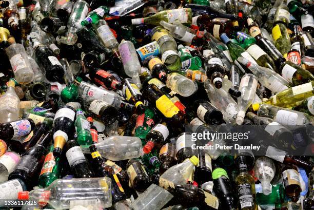 Bottles are recycled at the Lampton 360 Recycling Centre on August 18,2021 in London, United Kingdom. Lampton 360 Recycling Centre Recycle 360 was...