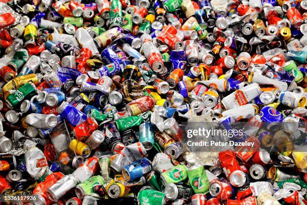 Drink cans are recycled at the Lampton 360 Recycling Centre on August 18,2021 in London, United Kingdom. Lampton 360 Recycling Centre Recycle 360 was...