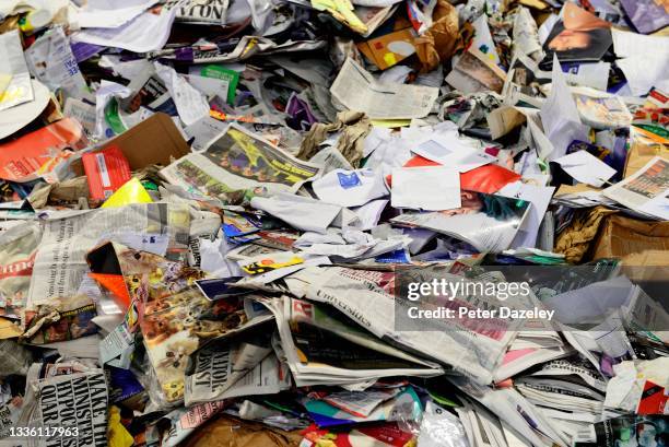 Paper is recycled at the Lampton 360 Recycling Centre on August 18,2021 in London, United Kingdom. Lampton 360 Recycling Centre Recycle 360 was...