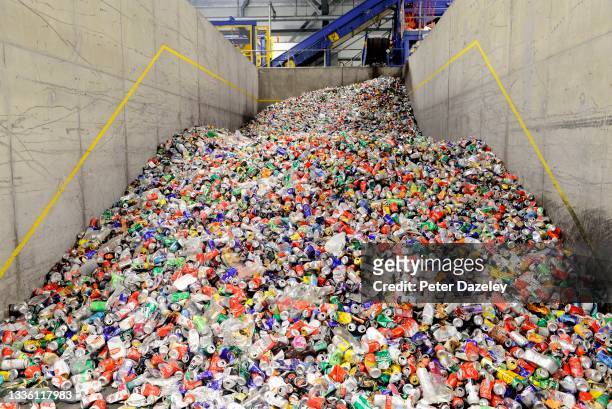 Drink cans are recycled at the Lampton 360 Recycling Centre on August 18,2021 in London, United Kingdom. Lampton 360 Recycling Centre Recycle 360 was...