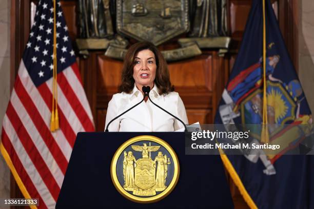 New York Gov. Kathy Hochul speaks after taking her ceremonial oath of office at the New York State Capitol on August 24, 2021 in Albany, New York....