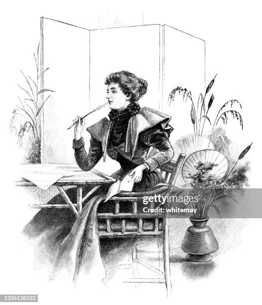 victorian woman thinking as she answers a letter, seated at a table - woman author stock illustrations