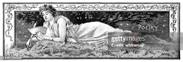 young victorian woman writing poetry as she lies in a garden at night - literature stock illustrations