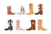 Сowboy boots with ornament.  Wild West theme. Hand drawn colored trendy Vector isolated illustration.