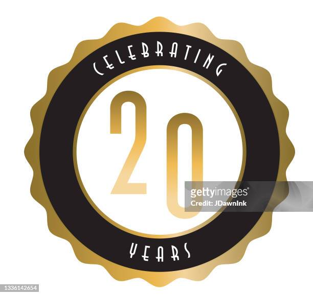 stockillustraties, clipart, cartoons en iconen met retro and vintage 20 year anniversary label design in gold and black colors - 20th anniversary of first online sale