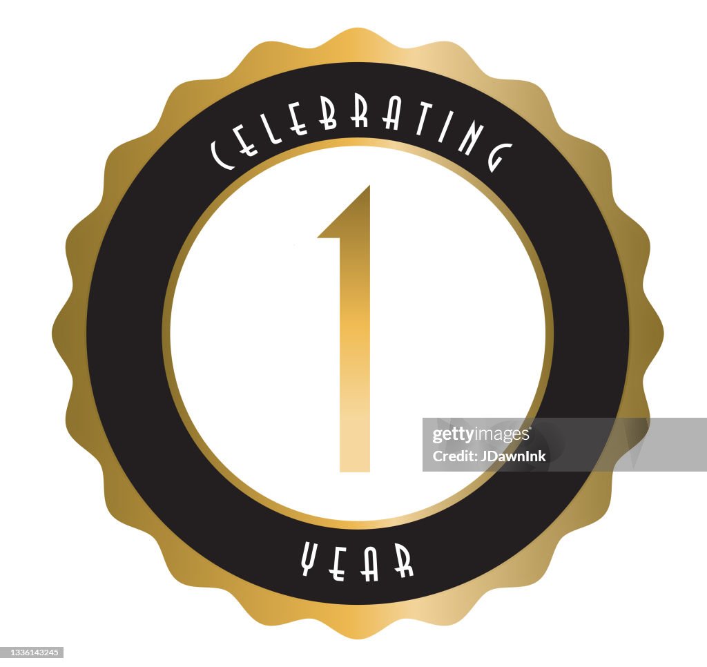 Retro and Vintage 1 Year Anniversary Label design in gold and black colors