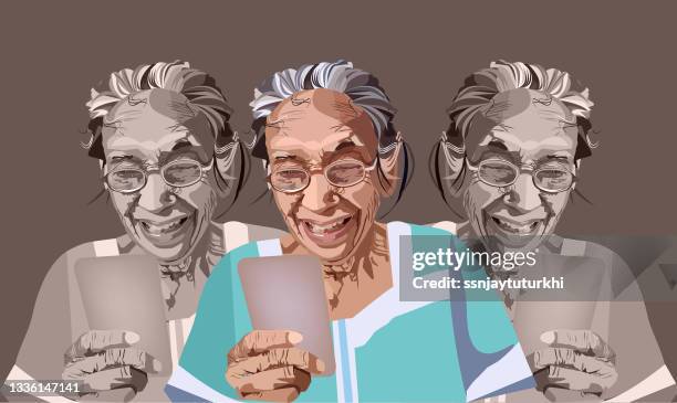 an old woman enjoying talking mobile with family - happy retirement stock illustrations