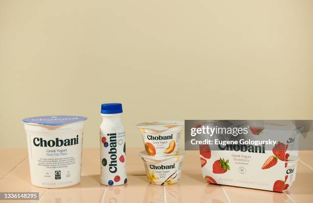 Chobani® Greek Yogurt products, including a 32 oz. Tub of Non-Fat Greek Yogurt, a Mixed Berry Blended Greek Yogurt drink, Vanilla and Peach...