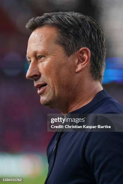 Roger Schmidt, Head coach of PSV Eindhoven looks on prior to the UEFA Champions League Play-Offs Leg Two match between PSV Eindhoven and SL Benfica...