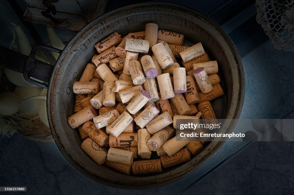 Wine bottle corks in a pan
