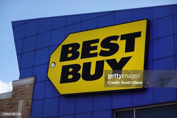 Sign marks the location of a Best Buy store on August 24, 2021 in Chicago, Illinois. Best Buy reported an increase in second-quarter sales of nearly...