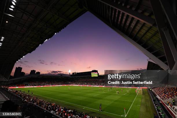 General view inside the stadium as the sun sets during the Carabao Cup Second Round match between Brentford and Forest Green Rovers at Brentford...