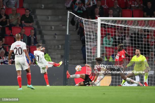 Rafa Silva of SL Benfica makes a shot during the UEFA Champions League Play-Offs Leg Two match between PSV Eindhoven and SL Benfica at Philips...