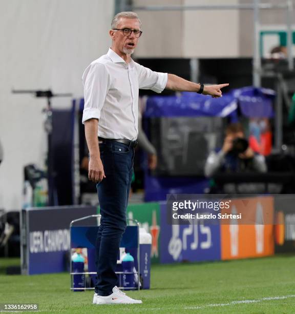 Head coach Peter Stoger of Ferencvarosi TC reacts during the UEFA Champions League Play-Offs Leg Two match between Ferencvarosi TC and BSC Young Boys...