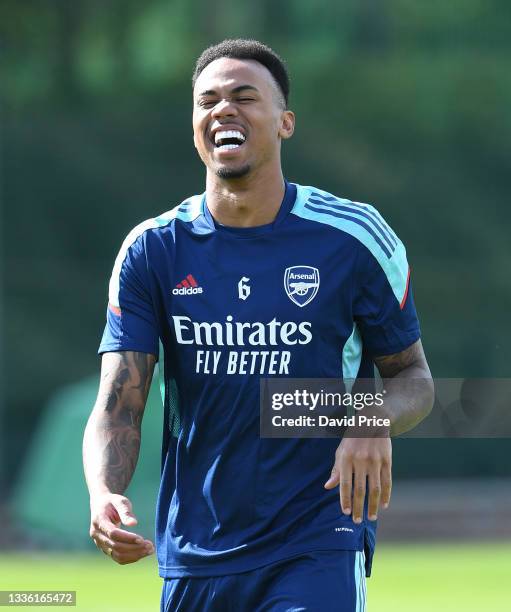 Gabriel Magalhaes of Arsenal during the Arsenal 1st team training session at Arsenal Training Centre on August 24, 2021 in London, England.