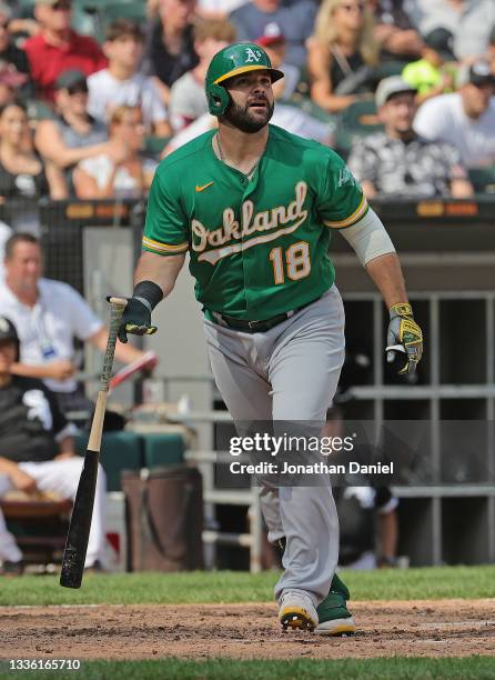 Mitch Moreland of the Oakland Athletics bats against the Chicago White Sox at Guaranteed Rate Field on August 19, 2021 in Chicago, Illinois. The...