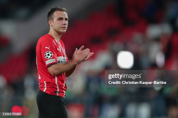 Mario Goetze of PSV Eindhoven reacts disappointed after the UEFA Champions League Play-Offs Leg Two match between PSV Eindhoven and SL Benfica at...