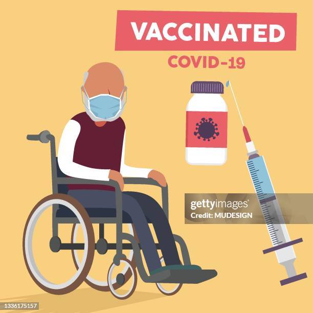 covid-19 vaccination first phase priority group illustration. disabled man standing in line waiting for vaccination turn. - covid persons with disabilities stock illustrations