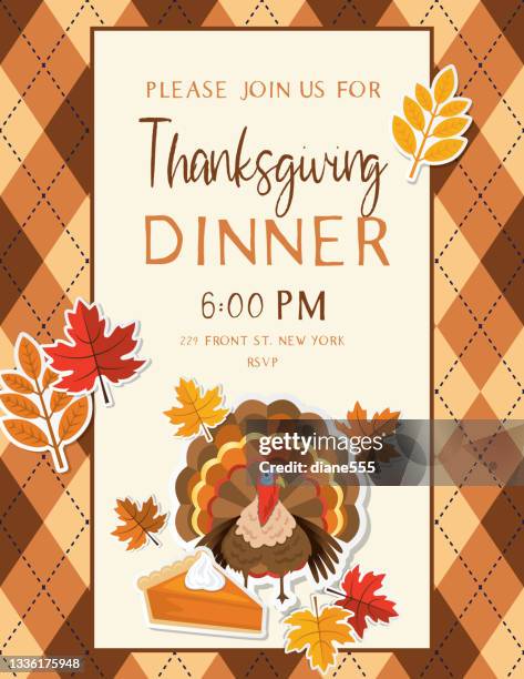 ilustraciones, imágenes clip art, dibujos animados e iconos de stock de plantilla de invitación para cenas de acción de gracias - thanksgiving holiday