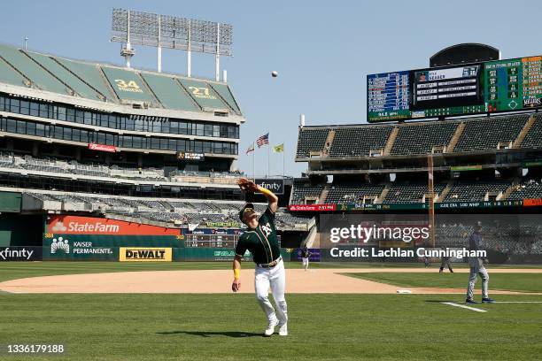 Third baseman Matt Chapman of the Oakland Athletics catches a pop-up in foul territory by Kyle Seager of the Seattle Mariners in the top of the...