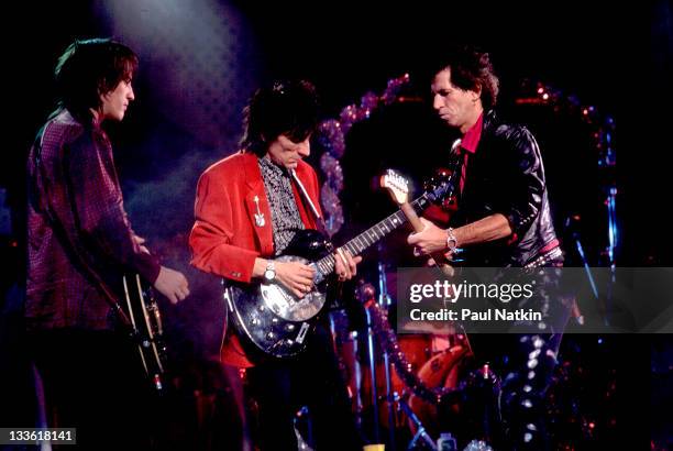 British musicians Ron Wood and Keith Richards of the Rolling Stones perform with American musician Izzy Stradlin on stage during the band's 'Steel...