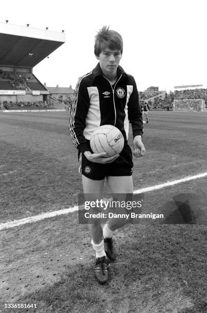 Newcastle United winger Chris Waddle pictured on the pitch with mitre football and in his Umbro tracksuit before a Division Two match between...