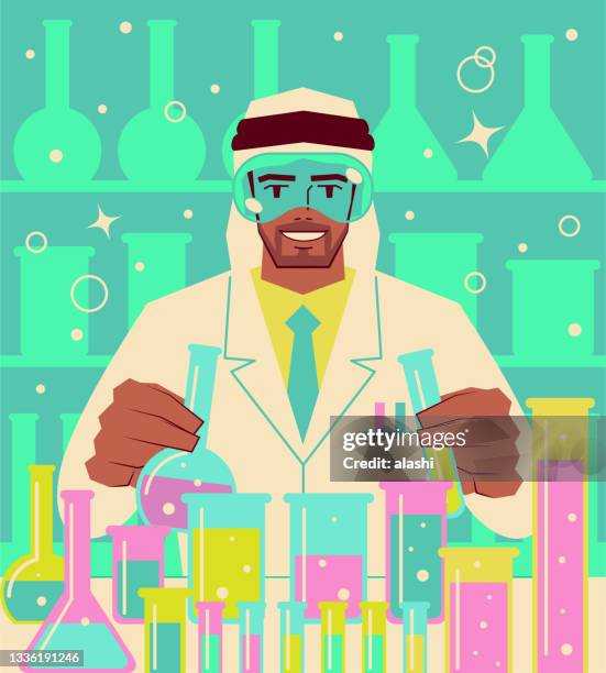 one smiling handsome scientist doing a scientific experiment - arabic doctor stock illustrations