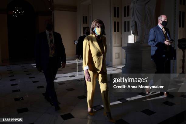 House Speaker Nancy Pelosi walks to the House Chambers in the U.S. Capitol on August 24, 2021 in Washington, DC. After a group of moderate Democrats...