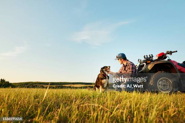 granjero con su perro mascota en la granja - carro de corrida fotografías e imágenes de stock