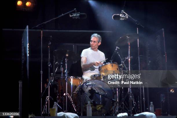British musician Charlie Watts of the Rolling Stones performs on stage during the band's 'Voodoo Lounge' tour, late 1994.