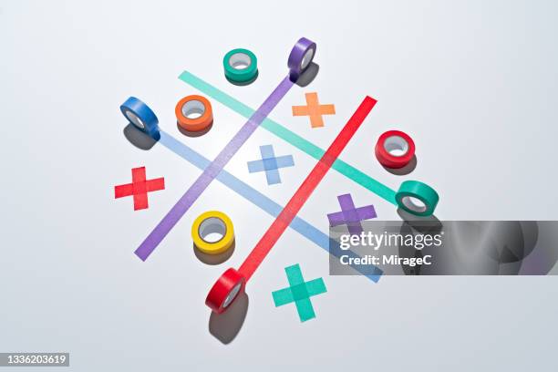 adhesive tapes tic tac toe game ends in a draw - length concept stock pictures, royalty-free photos & images