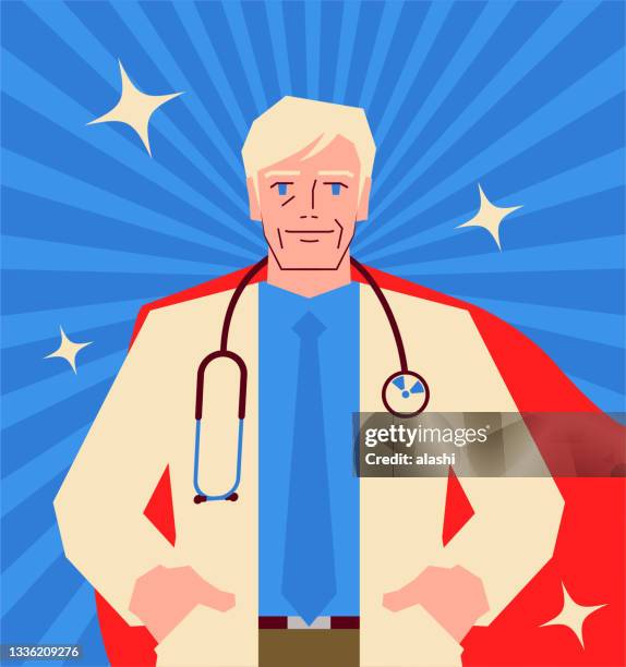 one passionate senior doctor with a stethoscope and cape (health care hero) - hands in pockets vector stock illustrations