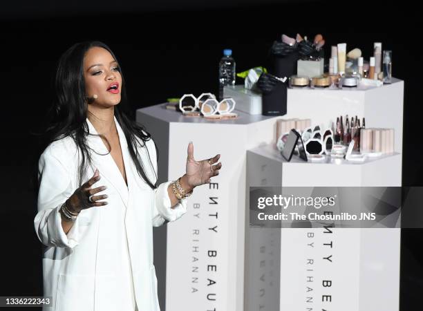 Rihanna attends the launch of her new brand 'Fenty Beauty' at Lotte Cinema World Tower on September 17, 2019 in Seoul, South Korea.