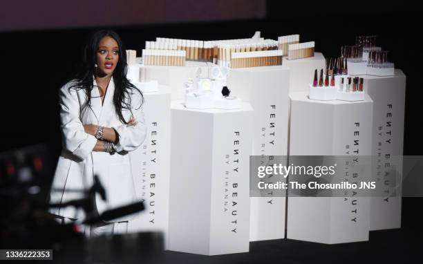 Rihanna attends the launch of her new brand 'Fenty Beauty' at Lotte Cinema World Tower on September 17, 2019 in Seoul, South Korea.
