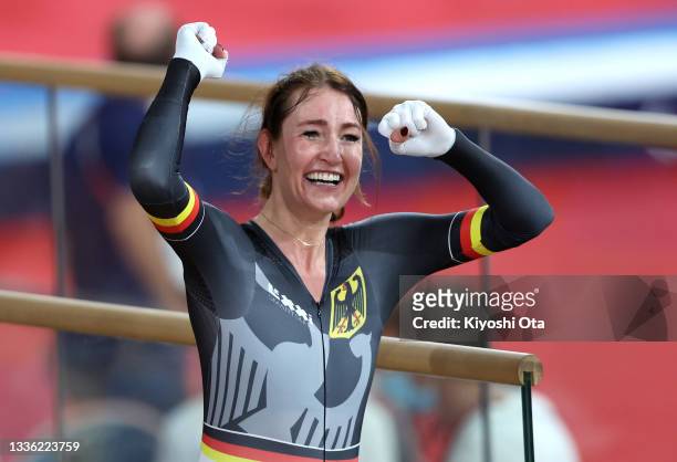 Denise Schindler of Team Germany celebrates after winning Bronze medal on the Bronze medal race of Track Cycling Women’s C1-3 3000m Individual...