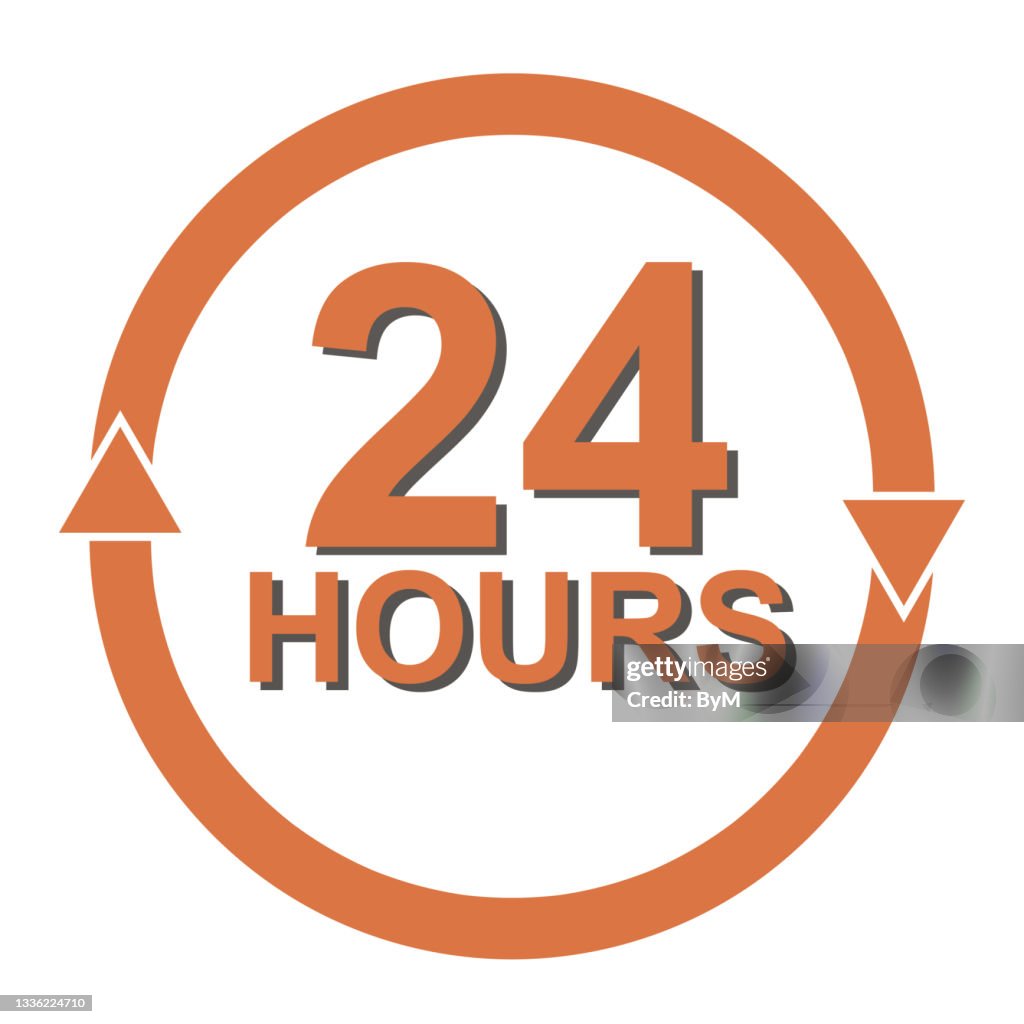 Twenty four hour with arrow loop icon, 24 hours cyclic sign, Opened order execution or delivery, All day business and service, Vector design illustration