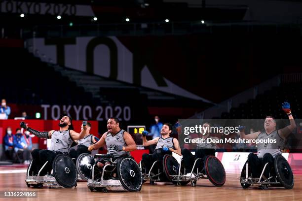 The Wheel Blacks do the Haka led by Hayden Barton-Cootes prior to the Group B Wheelchair Rugby match between Team New Zealand, also know as the Wheel...