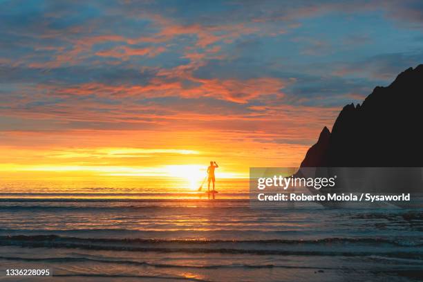 man on stand up paddle board at midnight sun, norway - paddle board men imagens e fotografias de stock
