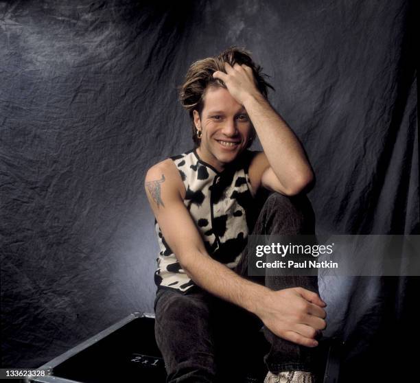 Portrait of American musician Jon Bon Jovi as he poses backstage before a performance at the Rosemont Horizon, Rosemont, Illinois, March 15, 1993.